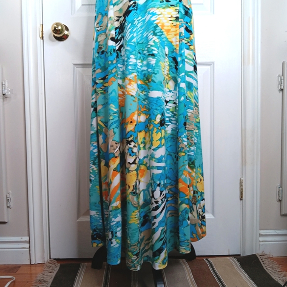 TanJay Sleeveless Ruched Maxi Dress Size 8 Teal Mulyi-Color Summer Party - Picture 7 of 13